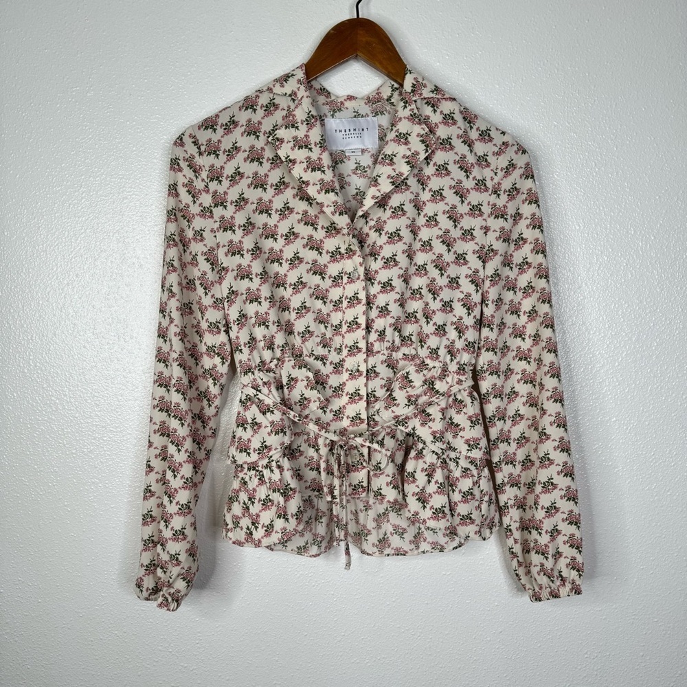 The Shirt by Rochelle Behrens Pink Floral Ruffles Shirt Size Xsmall
